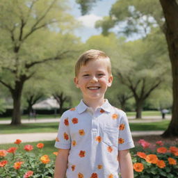 A portrait of a cheerful kid named Adm, in a sunny park setting surrounded by vibrant flowers and tall, gleaming trees.