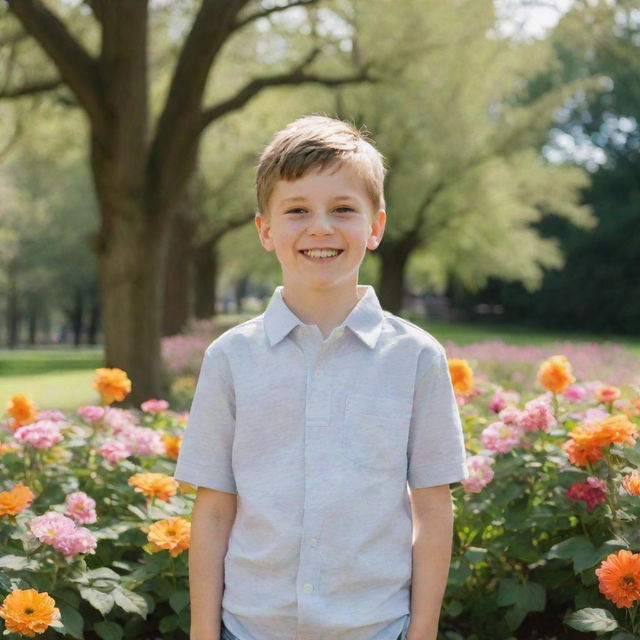 A portrait of a cheerful kid named Adm, in a sunny park setting surrounded by vibrant flowers and tall, gleaming trees.