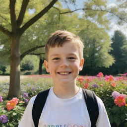 A portrait of a cheerful kid named Adm, in a sunny park setting surrounded by vibrant flowers and tall, gleaming trees.