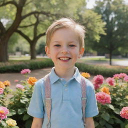 A portrait of a cheerful kid named Adm, in a sunny park setting surrounded by vibrant flowers and tall, gleaming trees.