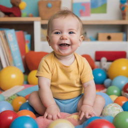 A cute and joyful baby named Adam, sitting in a colorful playroom filled with toys and baby books, smiling cheerfully.