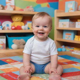 A cute and joyful baby named Adam, sitting in a colorful playroom filled with toys and baby books, smiling cheerfully.