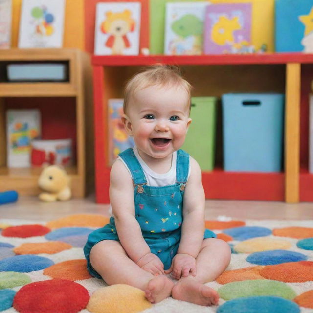 A cute and joyful baby named Adam, sitting in a colorful playroom filled with toys and baby books, smiling cheerfully.