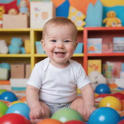 A cute and joyful baby named Adam, sitting in a colorful playroom filled with toys and baby books, smiling cheerfully.