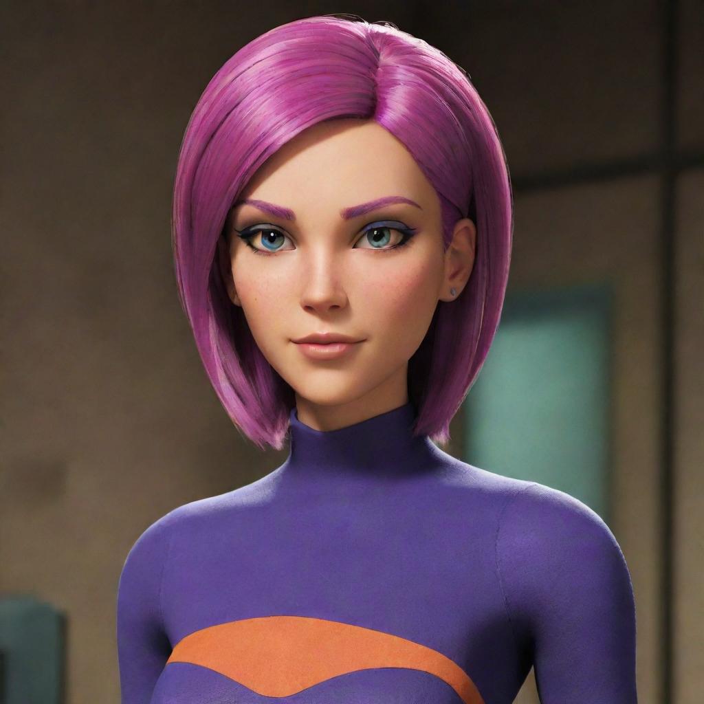 Detailed image of Circe from Generator Rex, a teenage girl with pink hair, wearing her usual outfit with her distinguishing features such as her cat-eye makeup and purple-markings under her eyes.