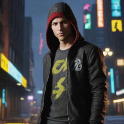 Create an urban backdrop with Delsin Rowe, the main character from Infamous: Second Son, showcasing his neon power.