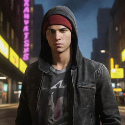 Create an urban backdrop with Delsin Rowe, the main character from Infamous: Second Son, showcasing his neon power.