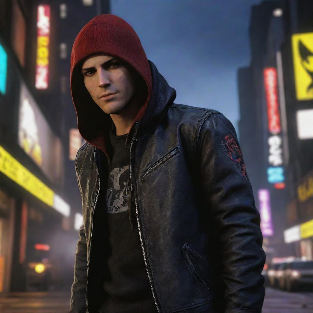 Create an urban backdrop with Delsin Rowe, the main character from Infamous: Second Son, showcasing his neon power.