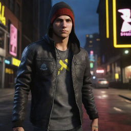 Create an urban backdrop with Delsin Rowe, the main character from Infamous: Second Son, showcasing his neon power.