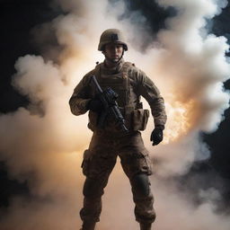 Create an exciting image of a soldier surrounded by a swirling vortex of magical smoke, ready for battle.