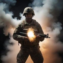 Create an exciting image of a soldier surrounded by a swirling vortex of magical smoke, ready for battle.