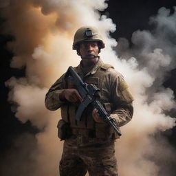 Create an exciting image of a soldier surrounded by a swirling vortex of magical smoke, ready for battle.