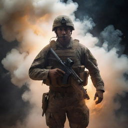 Create an exciting image of a soldier surrounded by a swirling vortex of magical smoke, ready for battle.