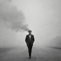 A man puffing calmly on a cigarette, standing alone in the middle of a deserted road, enveloped in the mystic haze of the smoke.