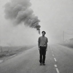 A man puffing calmly on a cigarette, standing alone in the middle of a deserted road, enveloped in the mystic haze of the smoke.