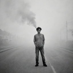 A man puffing calmly on a cigarette, standing alone in the middle of a deserted road, enveloped in the mystic haze of the smoke.