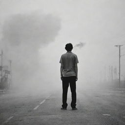 A man puffing calmly on a cigarette, standing alone in the middle of a deserted road, enveloped in the mystic haze of the smoke.