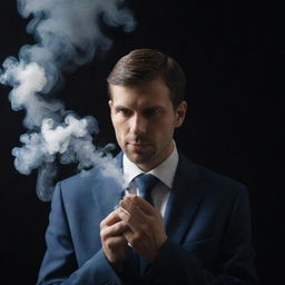 Generate an enigmatic image of a person with the ability to control and manipulate smoke as a superpower, rendered in an atmospheric setting.