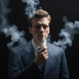 Generate an enigmatic image of a person with the ability to control and manipulate smoke as a superpower, rendered in an atmospheric setting.