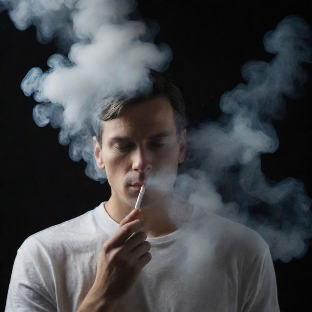 Generate an enigmatic image of a person with the ability to control and manipulate smoke as a superpower, rendered in an atmospheric setting.