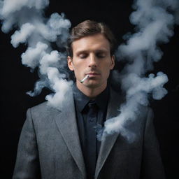 Generate an enigmatic image of a person with the ability to control and manipulate smoke as a superpower, rendered in an atmospheric setting.