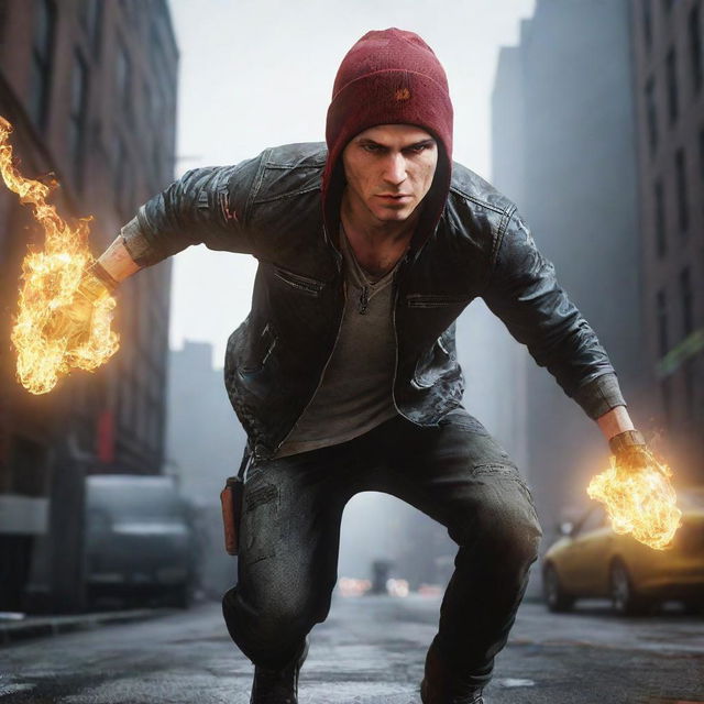 Delsin Rowe, main character from Infamous: Second Son, standing in a dynamic pose with his conduit powers visible