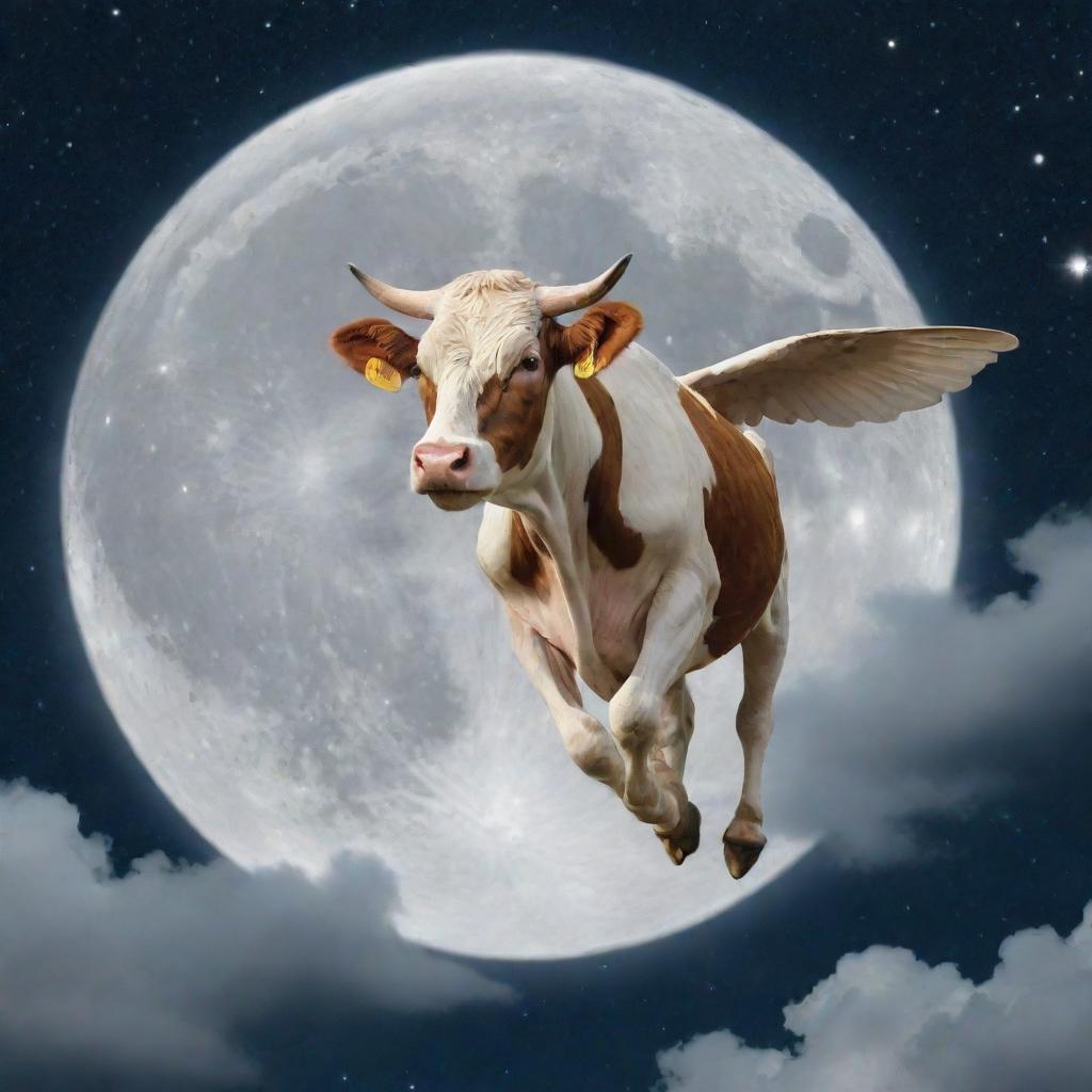 A jovial cow with wings, gracefully gliding across the luminous, full moon in a star-scattered night sky.