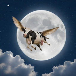 A jovial cow with wings, gracefully gliding across the luminous, full moon in a star-scattered night sky.