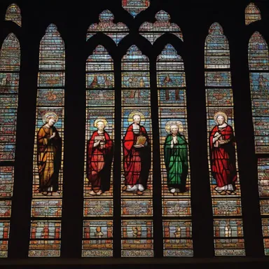 The stained glass windows in the old cathedral created a picturesque scene, portraying religious figures in vibrant colors and intricate detail.