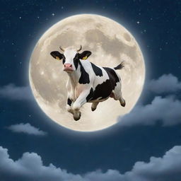 A jovial cow with wings, gracefully gliding across the luminous, full moon in a star-scattered night sky.