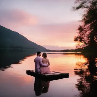 The couple sat by the lake, enjoying the picturesque view of the sunset as it painted the sky in hues of pink and orange, creating a romantic atmosphere.