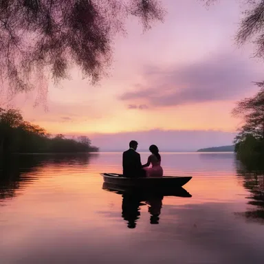 The couple sat by the lake, enjoying the picturesque view of the sunset as it painted the sky in hues of pink and orange, creating a romantic atmosphere.