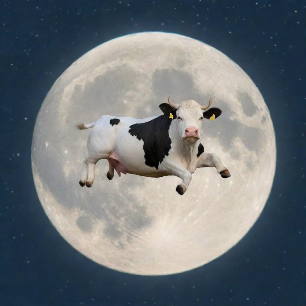 A jovial cow with wings, gracefully gliding across the luminous, full moon in a star-scattered night sky.