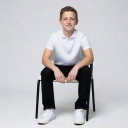 A boy seated on a chair wearing a white shirt, black pants, and white shoes against a background that replicates a Facebook profile.