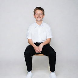 A boy seated on a chair wearing a white shirt, black pants, and white shoes against a background that replicates a Facebook profile.