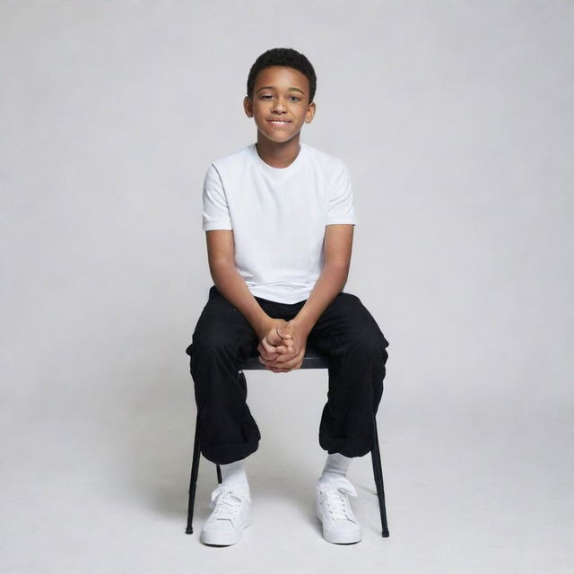 A boy seated on a chair wearing a white shirt, black pants, and white shoes against a background that replicates a Facebook profile.