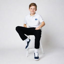 A boy seated on a chair wearing a white shirt, black pants, and white shoes against a background that replicates a Facebook profile.