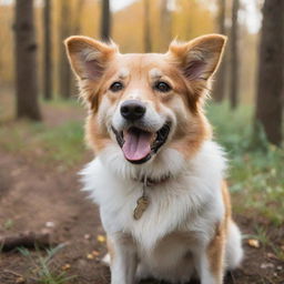 A happy, playful dog with bright eyes and soft, fluffy fur in a natural environment.