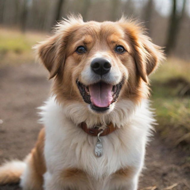 A happy, playful dog with bright eyes and soft, fluffy fur in a natural environment.