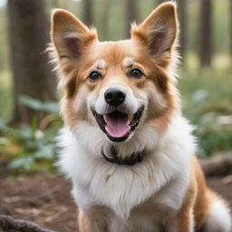 A happy, playful dog with bright eyes and soft, fluffy fur in a natural environment.