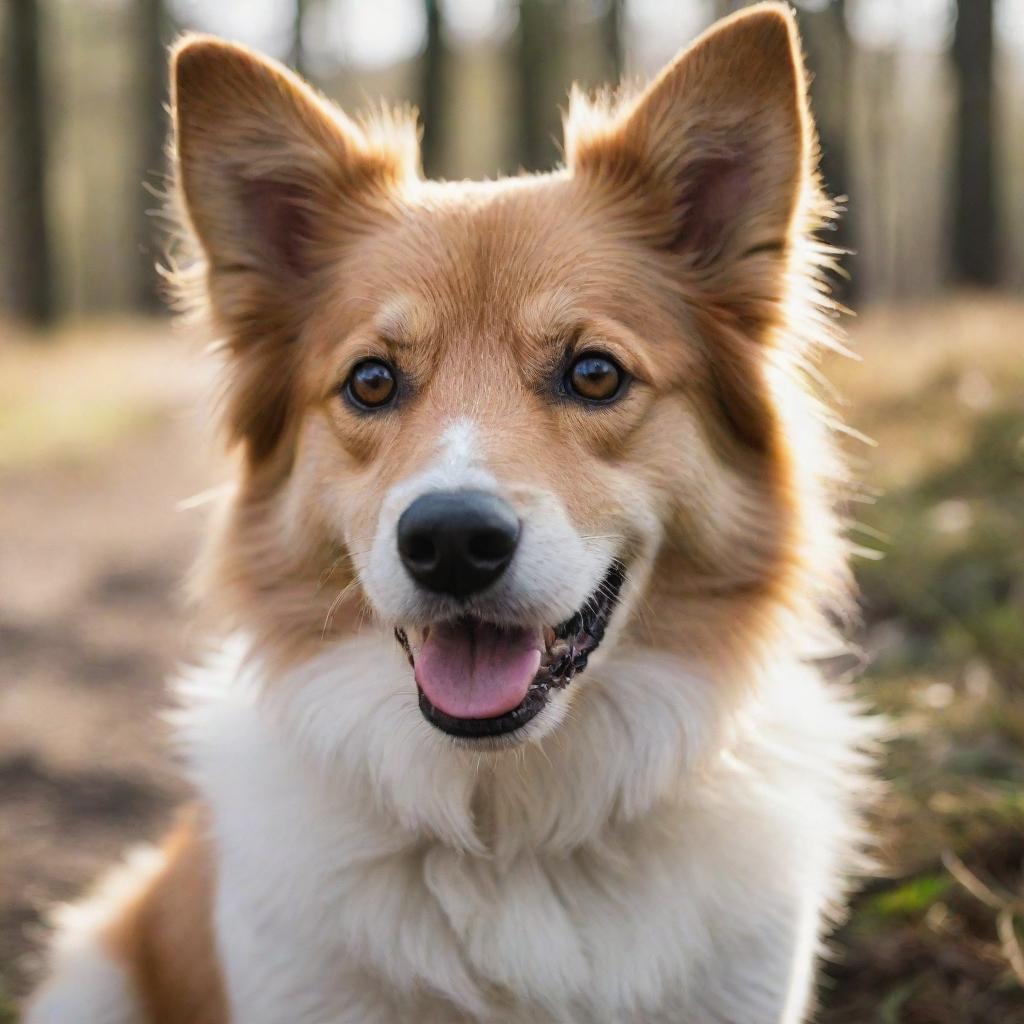 A happy, playful dog with bright eyes and soft, fluffy fur in a natural environment.