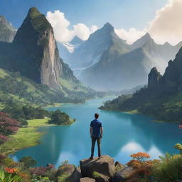 A digitally rendered avatar of a person standing in an awe-inspiring, beautiful location amidst nature. The surrounding vista should particularly highlight vibrant flora, stunning mountains or majestic bodies of water.