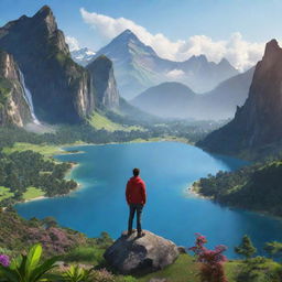 A digitally rendered avatar of a person standing in an awe-inspiring, beautiful location amidst nature. The surrounding vista should particularly highlight vibrant flora, stunning mountains or majestic bodies of water.