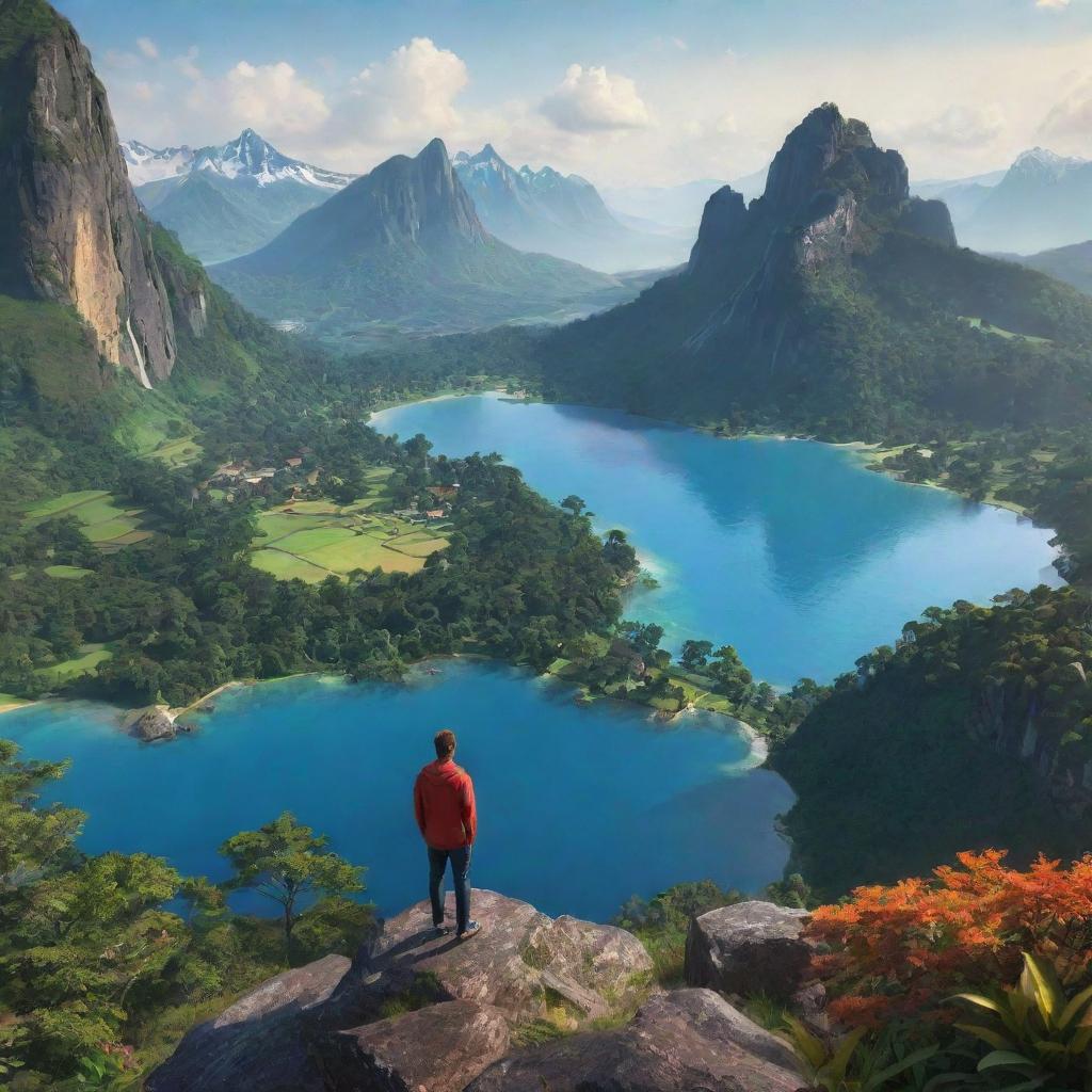 A digitally rendered avatar of a person standing in an awe-inspiring, beautiful location amidst nature. The surrounding vista should particularly highlight vibrant flora, stunning mountains or majestic bodies of water.