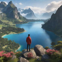 A digitally rendered avatar of a person standing in an awe-inspiring, beautiful location amidst nature. The surrounding vista should particularly highlight vibrant flora, stunning mountains or majestic bodies of water.