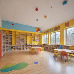 A colorful and lively children's school with bright classrooms, a playground filled with fun equipment, and a peaceful library.