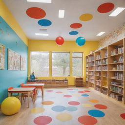 A colorful and lively children's school with bright classrooms, a playground filled with fun equipment, and a peaceful library.