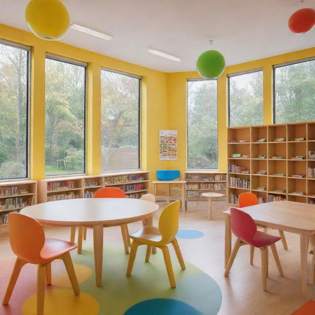 A colorful and lively children's school with bright classrooms, a playground filled with fun equipment, and a peaceful library.