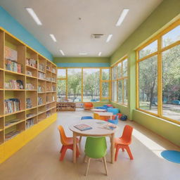 A colorful and lively children's school with bright classrooms, a playground filled with fun equipment, and a peaceful library.