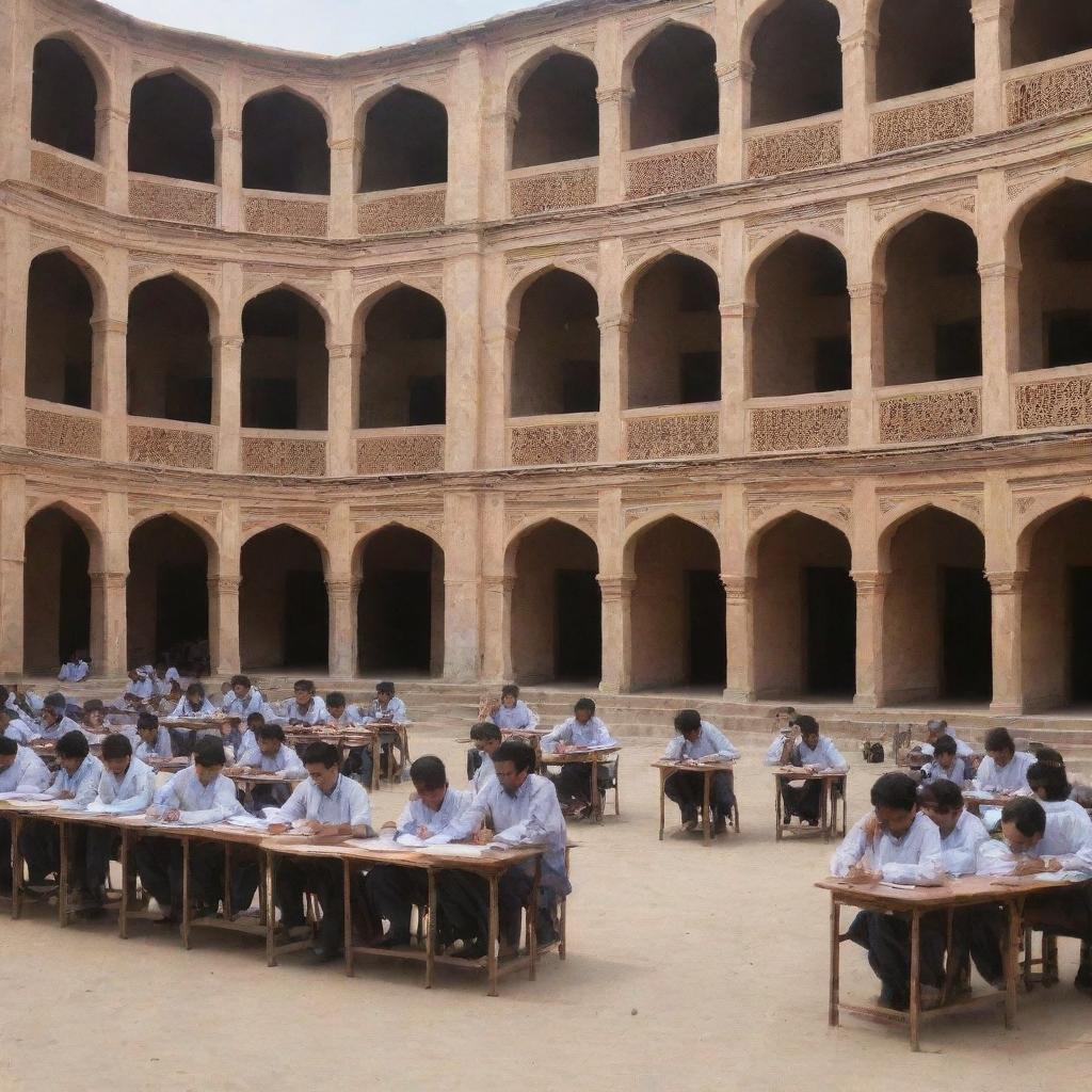 A traditional Pakistani school, featuring classic architectural elements, a courtyard, and classrooms filled with diligent students and dedicated teachers.